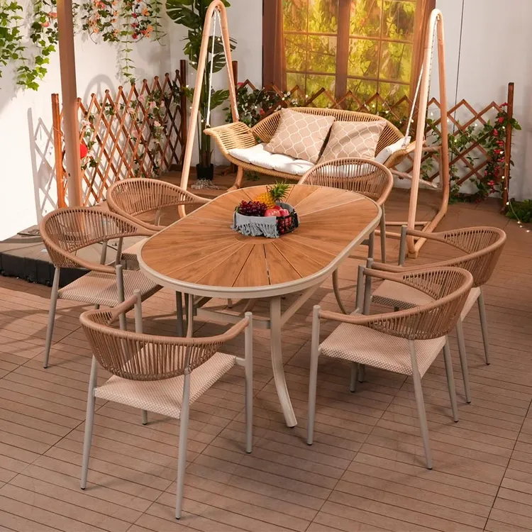 知木户外庭院铝合金塑木太阳椭圆桌阳台露天室外防水防晒花园桌椅