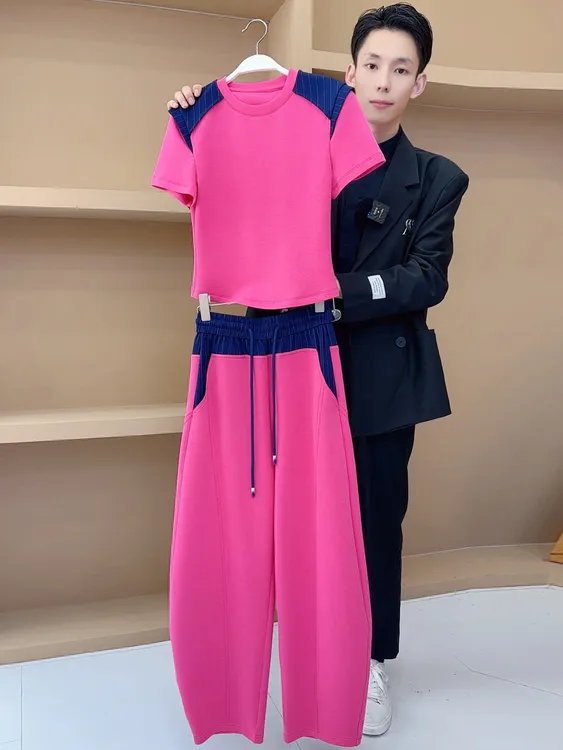 【LIANG哥女装】夏季休闲时尚百搭新品圆领拼接短袖T恤套装3321A