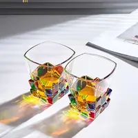 两只装手绘洋酒杯-方格杯高颜值玻璃杯手绘彩色洋酒复古小众