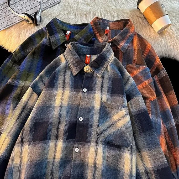 美式复古长袖衬衫男春秋季撞色格子衬衣休闲上衣男生酷帅穿搭外套