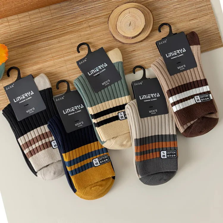 条纹拼色袜子男士中筒袜棉袜春秋季长筒吸汗不臭脚运动双针精梳棉