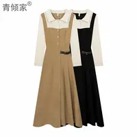 青倾家【秋暮书怀】秋冬polo领长袖学院风百褶裙显瘦裙子