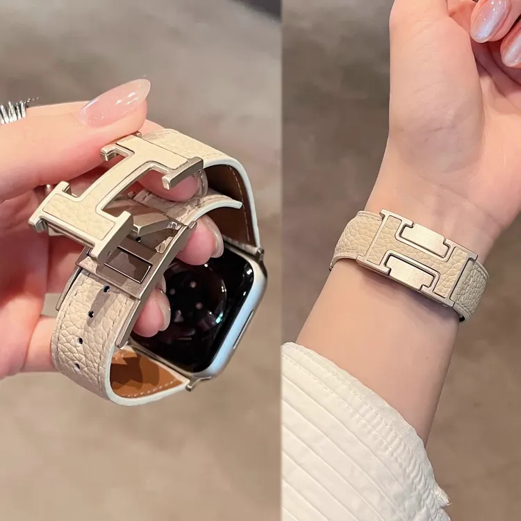 苹果手表表带柔软荔枝纹磁吸H扣真皮适用apple watchs11iwatchs10