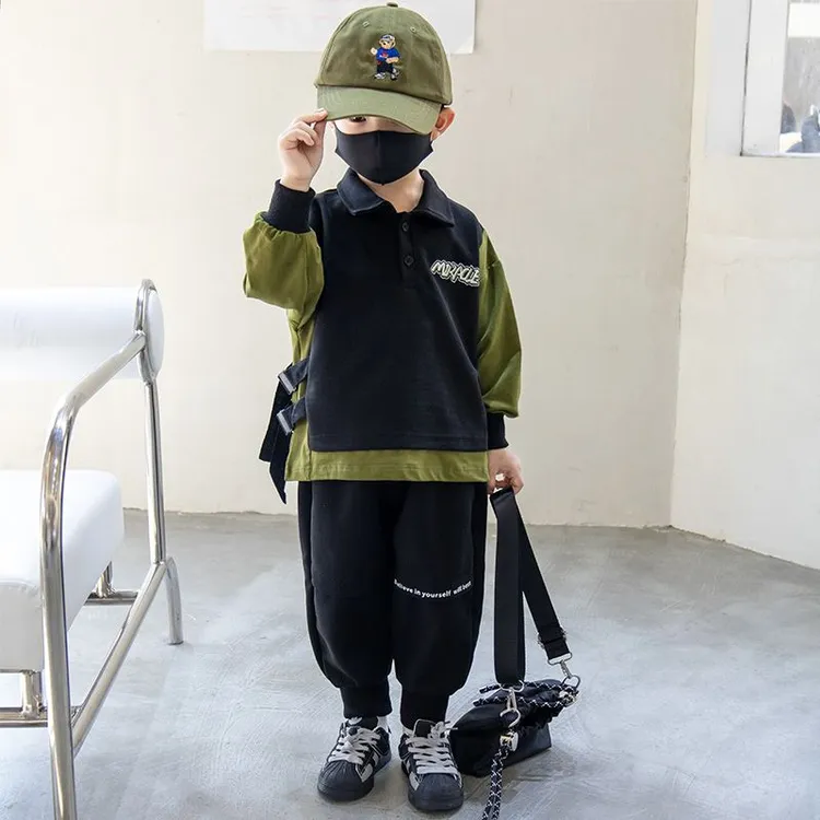 男童工装套装春款韩版洋气春装男孩炸街痞帅拼接帅气童装撞色套装