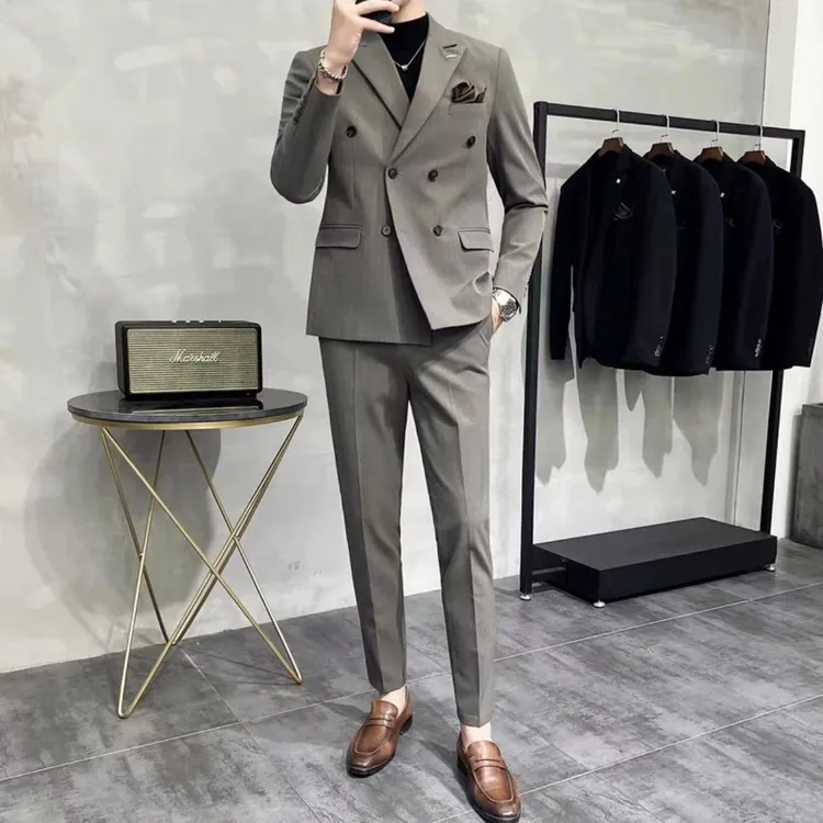 双排扣男士条纹西服套装版休闲修身高端韩新郎结婚正装商务高级感