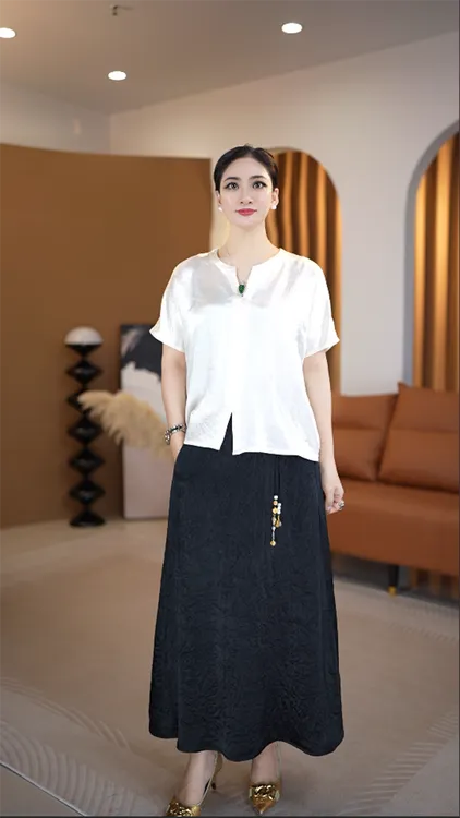 通勤抗起球Y领短袖宽松型纯色T恤中国风中式夏季气质套装薄款夏装