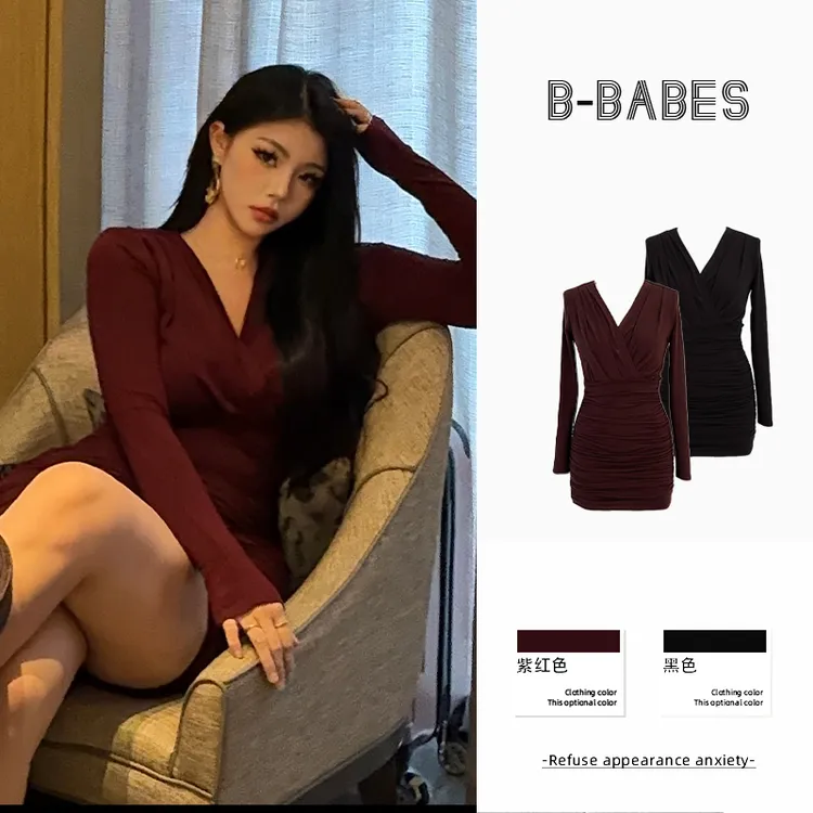 B-babes【红颜】法式气质V领连衣裙长袖微胖修身显瘦包臀裙