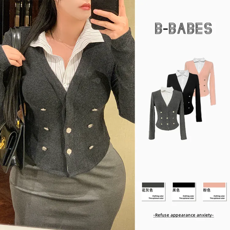 B-babes【学院派】秋冬衬衫拼接长袖学院风辣妹微胖修身假两件上衣