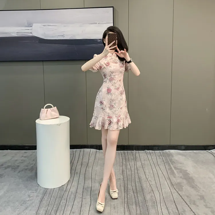 新中式改良旗袍碎花连衣裙子女夏装2024国风高级感收腰显瘦鱼尾裙