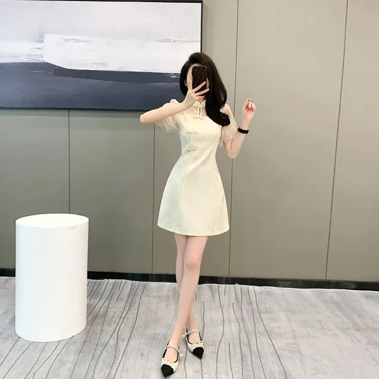 新中式国风连衣裙女夏季小个子显瘦蕾丝拼接改良旗袍新款短款裙子