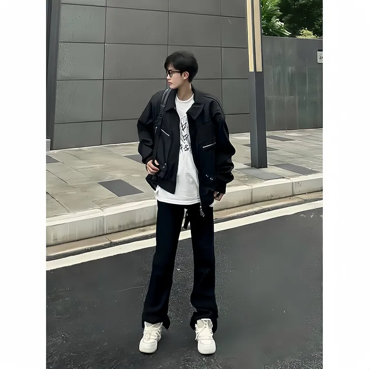 美式街头时尚微喇牛仔裤男款潮牌设计感复古高街简约黑色休闲裤子