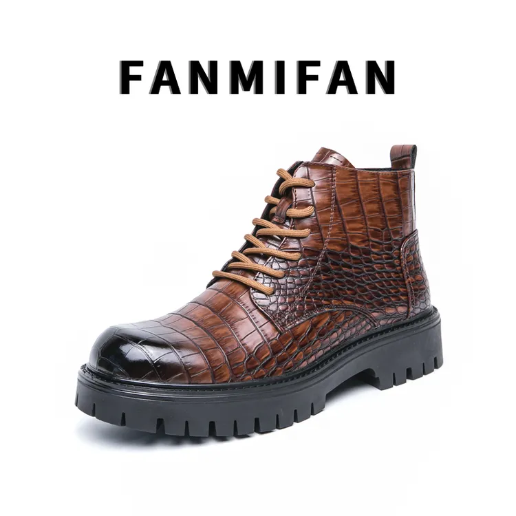 【高端限定款】FANMIFAN新款鳄鱼纹皮靴牛皮手工缝制隐形增高男靴-H
