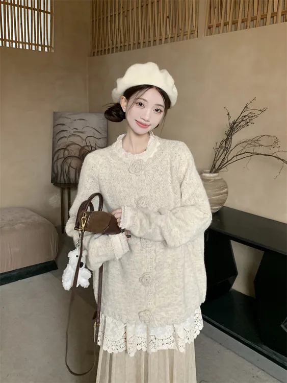 立体花朵别致长袖毛衣女2024冬季蕾丝打底衫压褶半身裙时尚新款潮