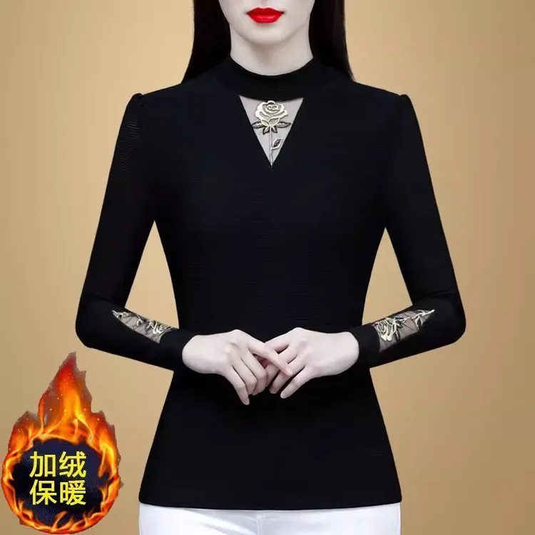 5011 加绒加厚半高领玫瑰刺绣洋气打底衫女秋冬新款保暖百搭小衫