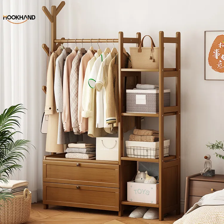 实木加粗挂衣架室内落地衣架新中式衣帽架带置物架抽屉卧室收纳柜