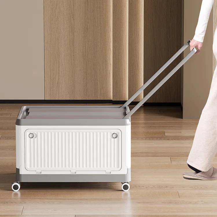 车载折叠收纳箱居家零食书本客厅整理箱拉杆移动小推车侧开折叠箱