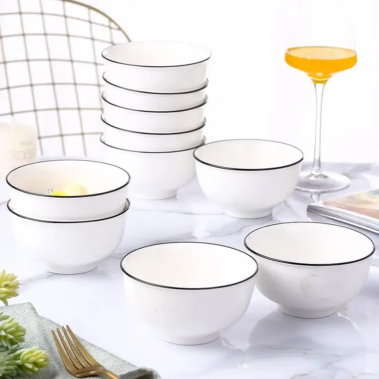 北欧简约风黑线饭碗1-10个装创意纯色釉下彩陶瓷吃饭碗米饭碗餐具