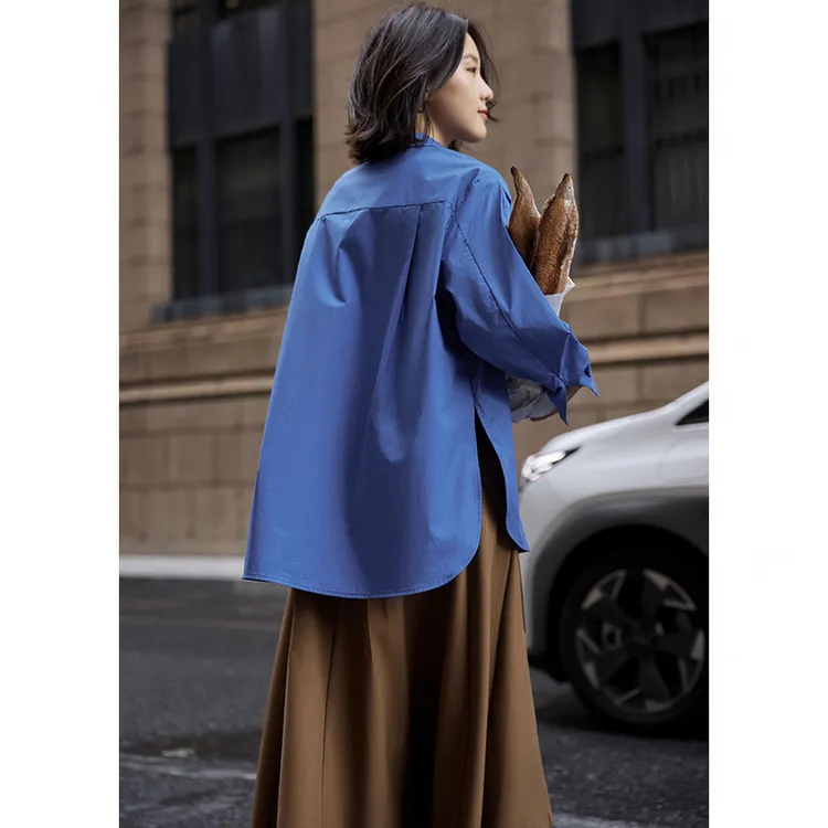 鲸乎纯棉衬衫女气质克莱因蓝宽松衬衣