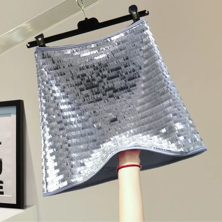 防走光重工亮片A字裙2025春季韩版高腰显瘦纯色休闲百搭半身短裙