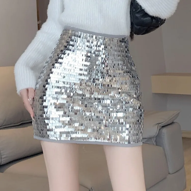  早秋亮片前后两穿辣妹高腰防走光半身裙包臀裙a字夜店性感短裙子