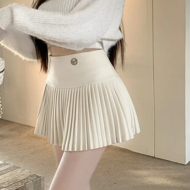 辣妹毛呢百褶裙春秋冬新款通勤杏色百搭半身裙高腰显瘦纯欲短裙子