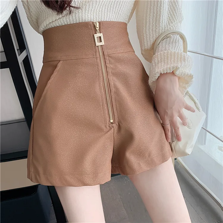 亮皮拉链皮短裤女秋冬外穿高腰卡其色裤子女士显瘦百搭打底靴裤潮