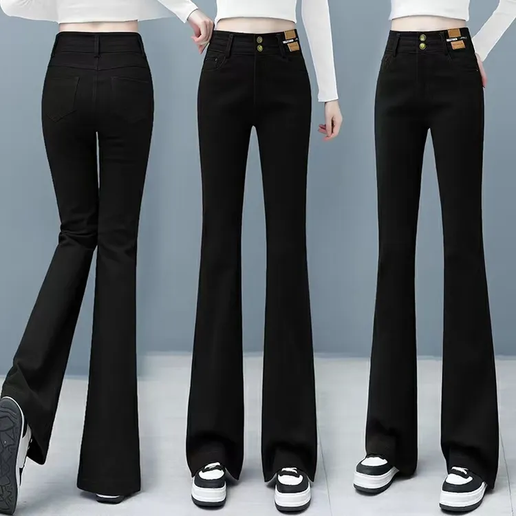 春新款高腰加绒百搭显瘦爆款弹力长裤裤子修身潮流微喇裤女