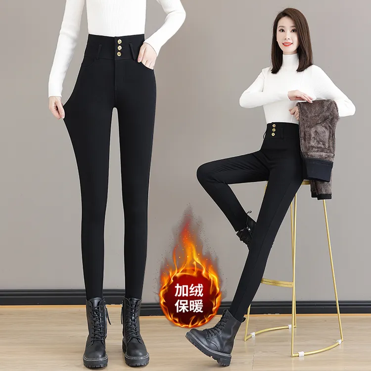 秋冬加绒高腰收腹紧身裤女款爆款2025新款显瘦高弹打底黑色小脚裤