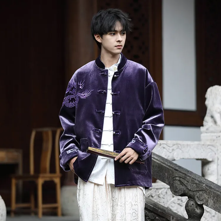 金丝绒外套男高级感中国风刺绣盘扣上衣春秋款新中式男装唐装汉服