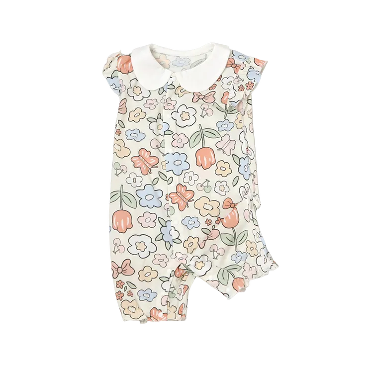 婴儿对开荷叶袖连体汗布娃娃领甜美印花哈衣宝宝无袖薄款短爬纯棉