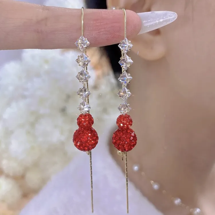 铜合金合成锆石耳饰 新款潮红色葫芦流苏耳线高级感轻奢长款耳环