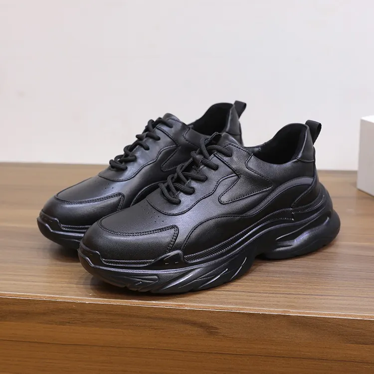 休闲皮鞋素面粒面皮鞋子冬季皮鞋男士透气系带防滑真皮黑色