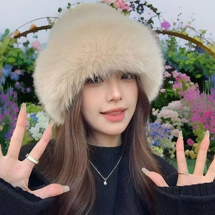 冬季女士帽子百搭毛绒狐狸渔夫帽防寒保暖时尚加厚护耳圆顶加绒