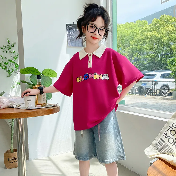 女童夏季套装2024新款洋气儿童撞色时髦POLO衫女大短袖两件套翻领