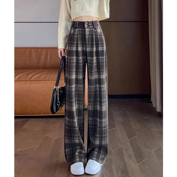 咖色直筒毛呢格子裤子女秋冬季加绒高腰垂感休闲窄版阔腿裤拖地裤