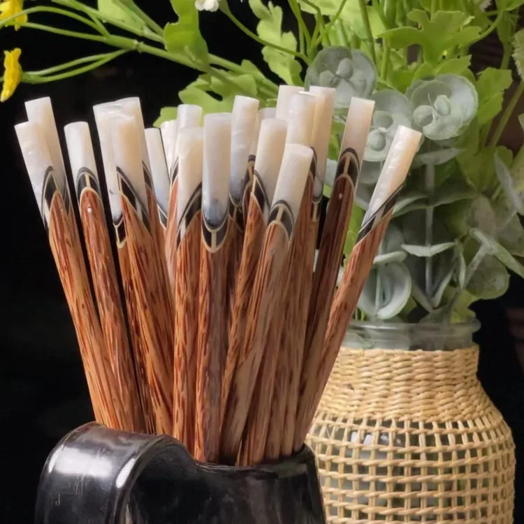 HM089原木原色中式家用椰子木贝壳牛角镶嵌装饰桌面摆件尺寸：25cm