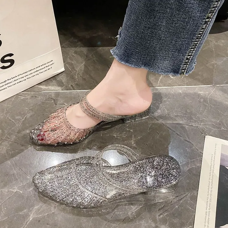 网红水晶凉鞋女款时尚新款百搭夏季外穿不吸水防滑尖头半拖凉拖鞋