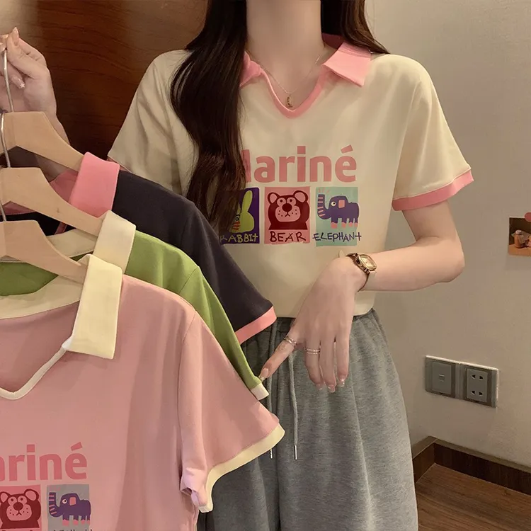 polo领上衣微胖显瘦穿搭辣妹装t恤时尚休闲百搭夏季印花洋气减龄