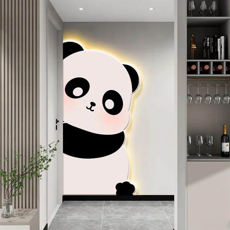 奶油风玄关装饰画创意熊猫壁画高档入户走廊过道挂画温馨画