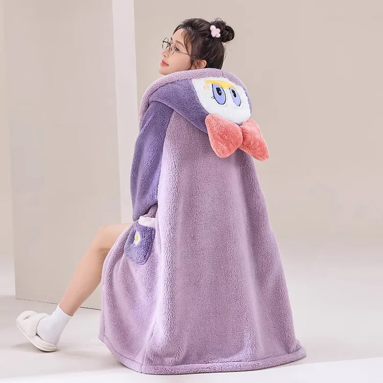 【可爱鸭】睡袍秋冬季加绒加厚学生情侣长款毛绒保暖卡通睡衣家居服