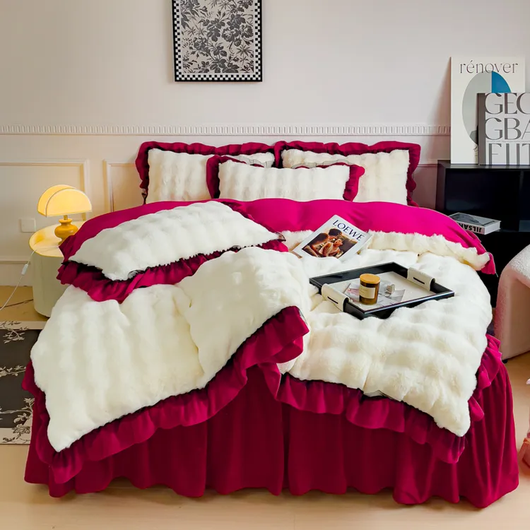 韩版兔兔绒床裙款四件套加厚牛奶绒被套床单加绒被罩冬季床上用品