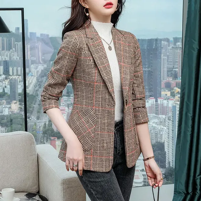 06春款西服女装外套中年女士西服百搭格子时尚气质显瘦韩版小西装