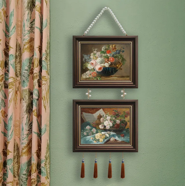 相框装饰画挂画客厅餐厅欧式美式法式现代床头两联带珠链