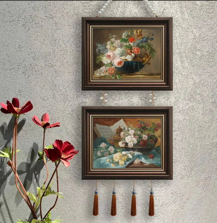 装饰画挂画两联带珠链美式法式现代欧式餐厅客厅沙发两联流苏