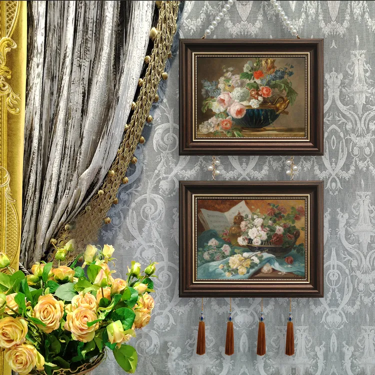 两联美式法式现代相框装饰画挂画客厅餐厅欧式床头带珠链中古风格