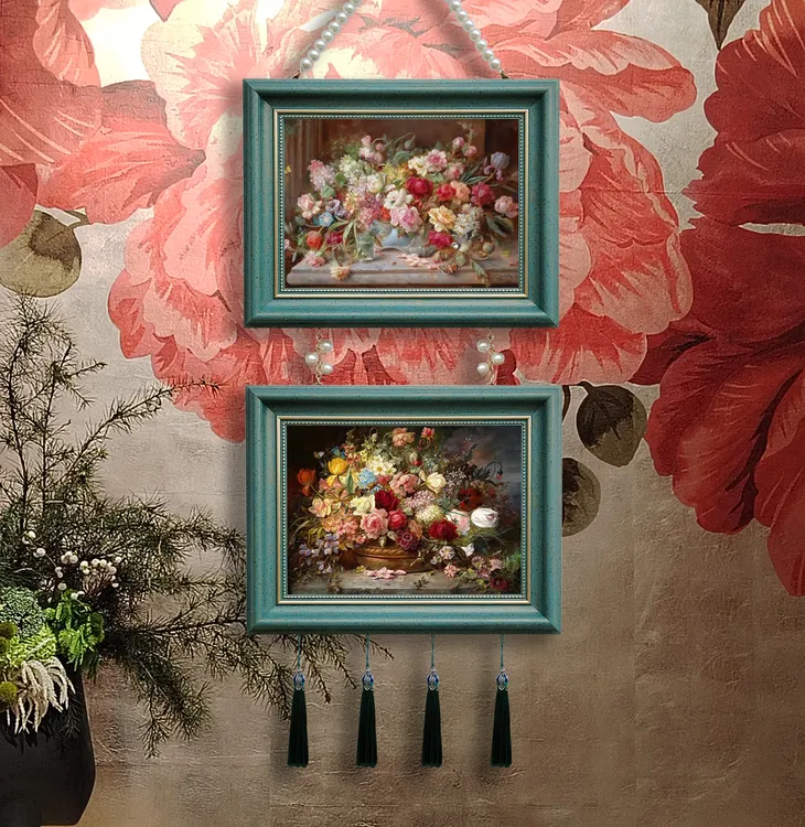 相框装饰画挂画客厅餐厅欧式美式法式现代床头两联带珠链