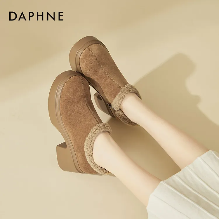 达芙妮7CM厚底高跟鞋2025冬季加绒棉鞋子女保暖单鞋子雪地靴女款