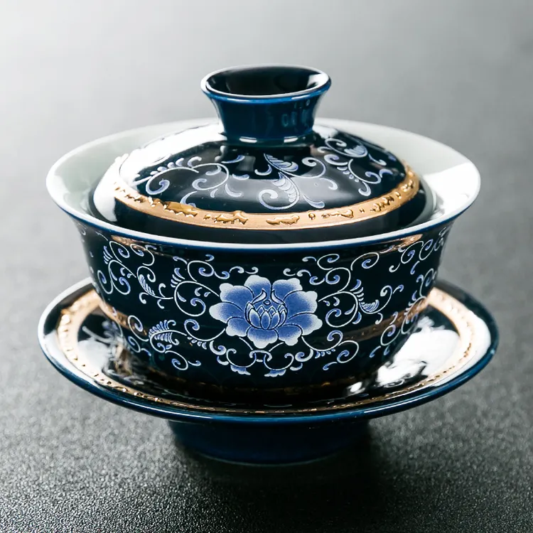 琨德霁蓝釉三才盖碗茶杯陶瓷大号青花瓷泡茶碗敬茶碗复古功夫茶具