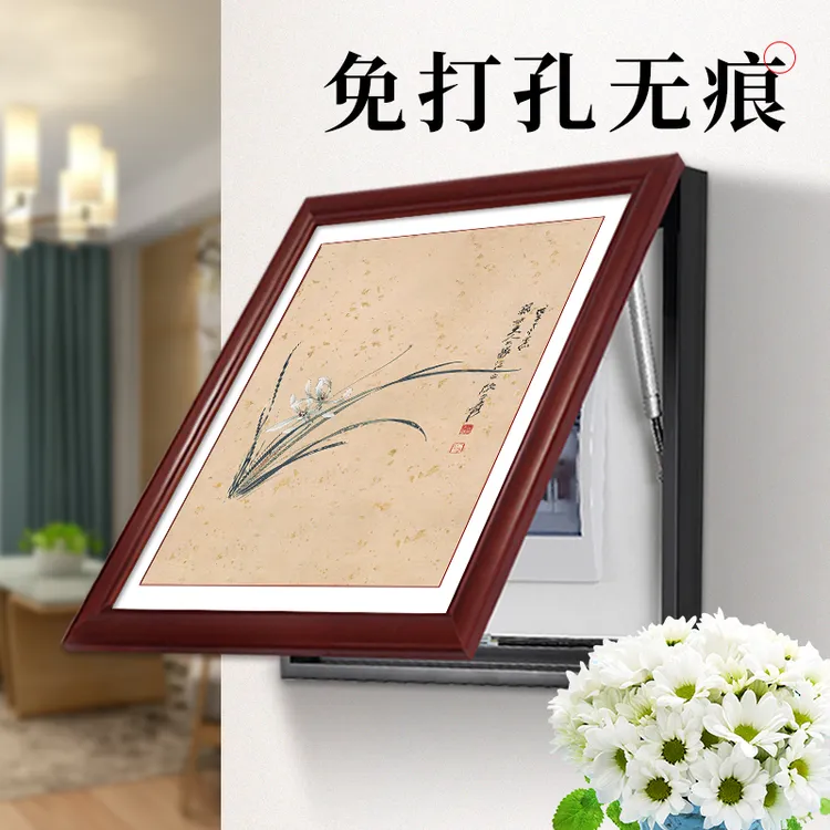 电表箱装饰画免打孔竖款遮挡箱配电箱中式新中式液压上翻客厅壁画