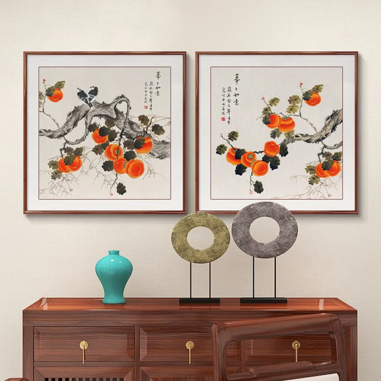 新中式宋式柿子画玄关装饰画客厅正方形茶室挂画事事如意餐厅壁画